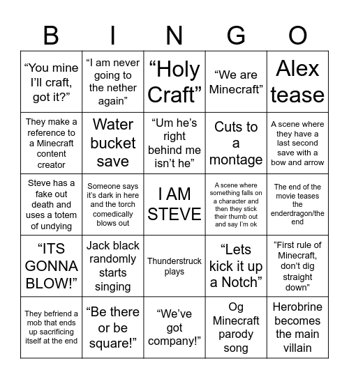 MINECRAFT MOVIE Bingo Card