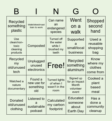 #GreenTeam Sustainability Bingo Card
