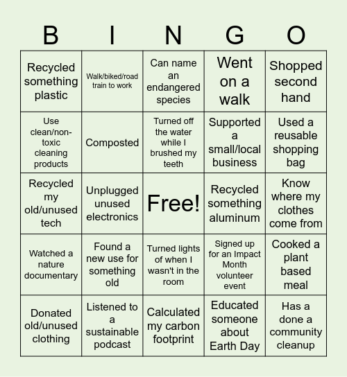 #GreenTeam Sustainability Bingo Card