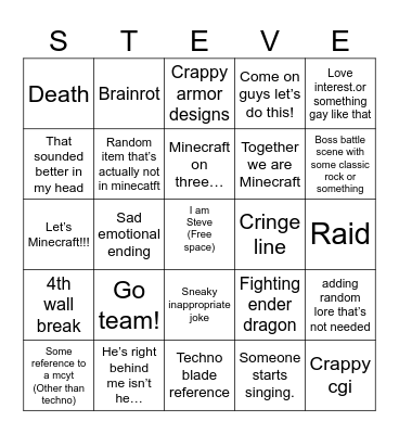 Minecraft movie bingo Card