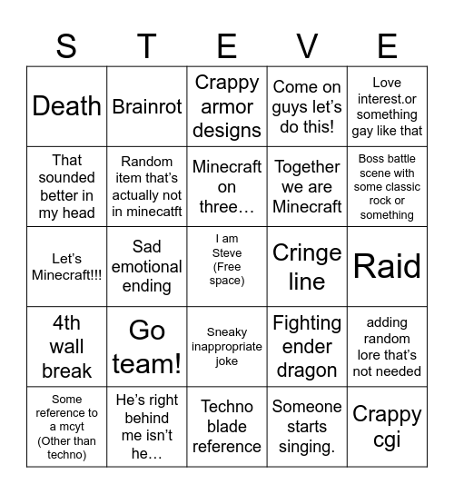 Minecraft movie bingo Card