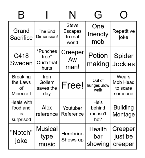 Minecraft Movie Bingo Card