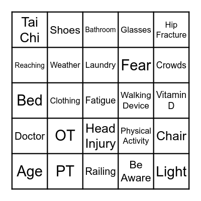 Fall Prevention Bingo Card
