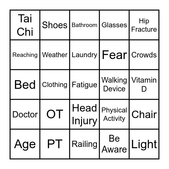 Fall Prevention Bingo Card