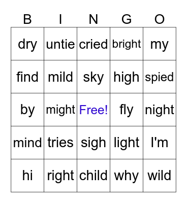 Long I Bingo Card