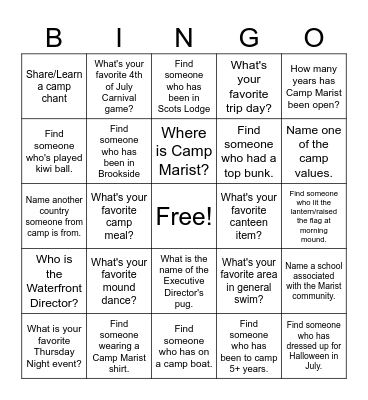 Camp Marist Bingo Card