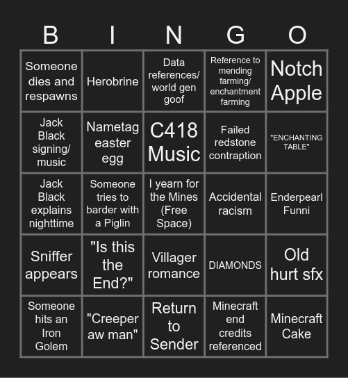 A Minecraft Movie Bingo Card