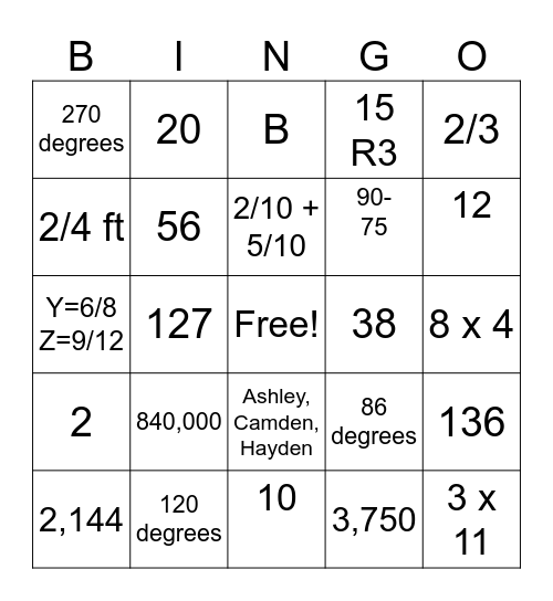 4th Grade Math Review Bingo Card