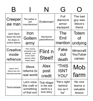 Minecraft movie Bingo Card