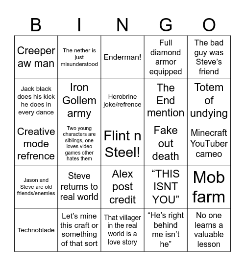 Minecraft movie Bingo Card