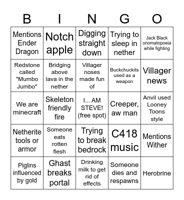MINECRAFT MOVIE Bingo Card
