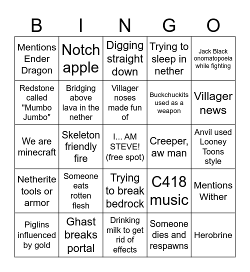 MINECRAFT MOVIE Bingo Card