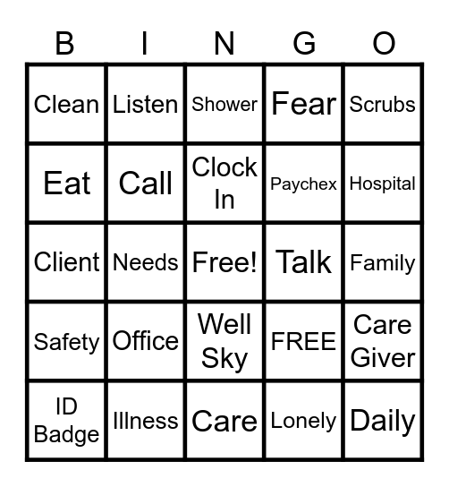 Caregiver Bingo Card