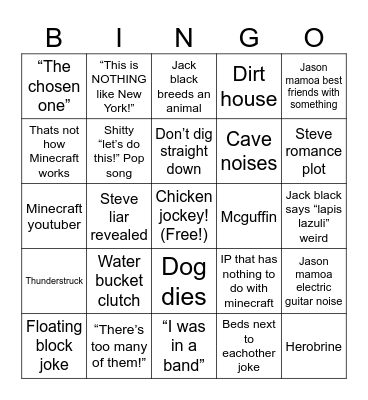 Minecraft movie Bingo Card