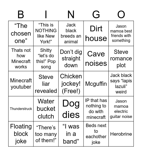 Minecraft movie Bingo Card