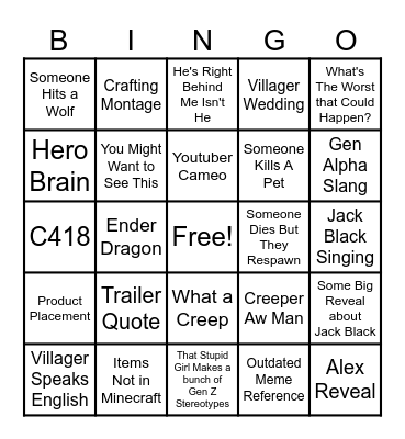 Minecraft Movie Bingo Card