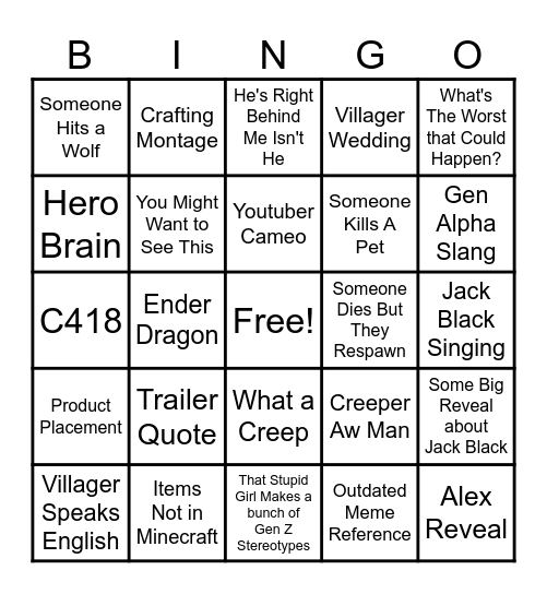 Minecraft Movie Bingo Card