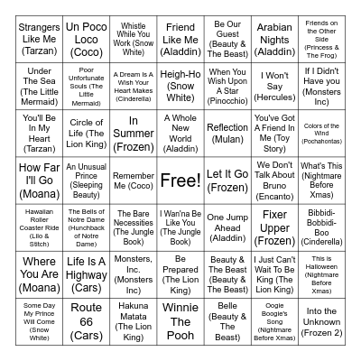 DISNEY MUSIC BINGO Card