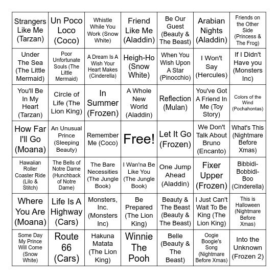 DISNEY MUSIC BINGO Card