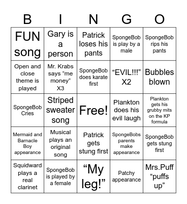 SpongeBob Musical Bingo! Bingo Card