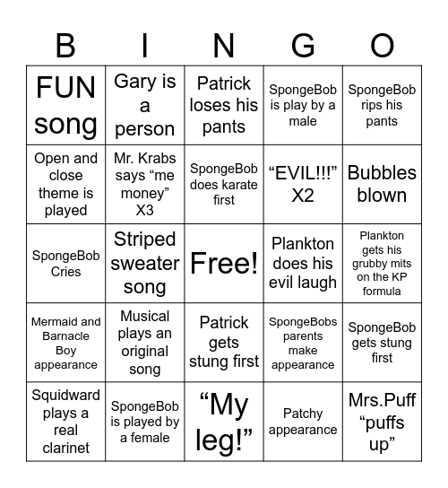 SpongeBob Musical Bingo! Bingo Card