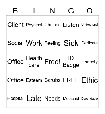 Caregiver Bingo Card