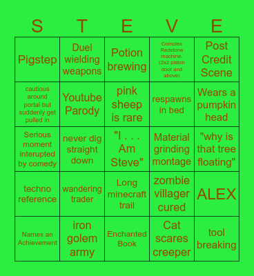 Minecraft Movie Bingo Card