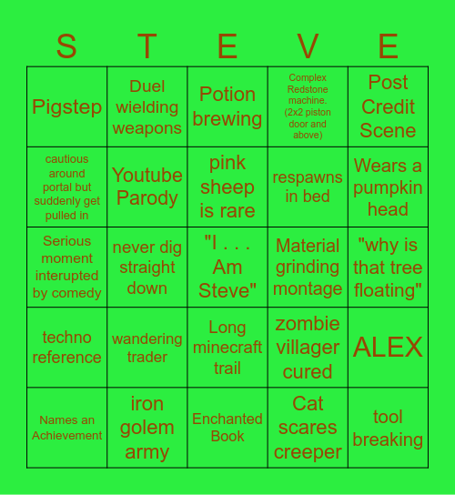 Minecraft Movie Bingo Card