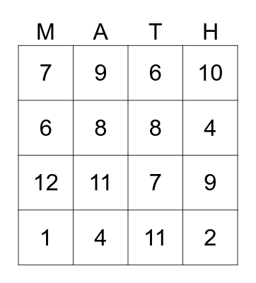 Dice Addition Bingo Card