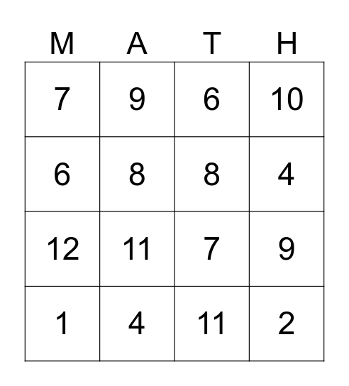 Dice Addition Bingo Card