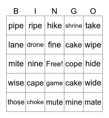 VCe Bingo Card