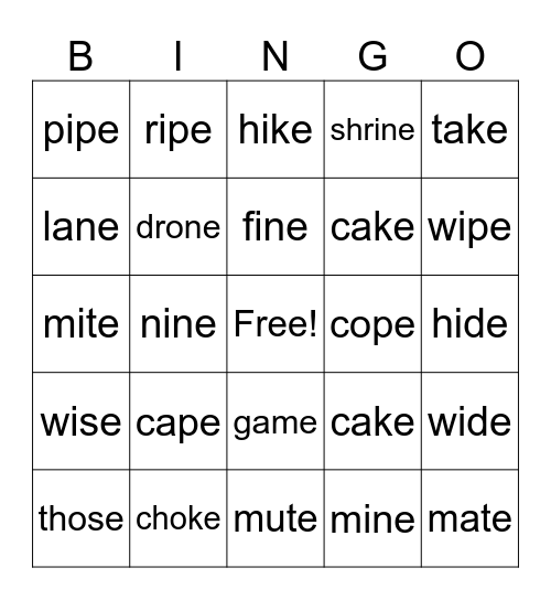 VCe Bingo Card