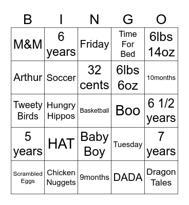 Baby Paone Bingo Card