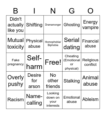 Sad Ex Bingo Card
