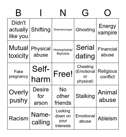 Sad Ex Bingo Card
