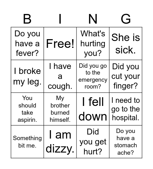 Sp 2 Health English - Spanish Bingo Card