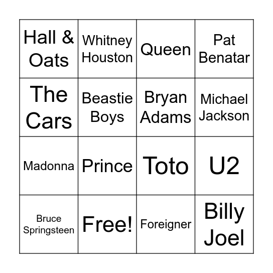 80s Music Bingo Card