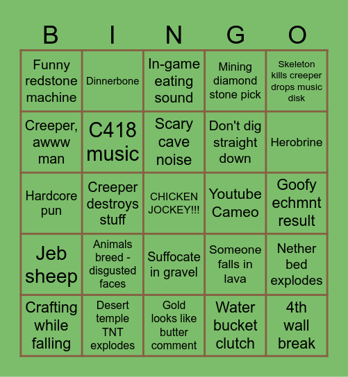 MINECRAFT MOVIE Bingo Card