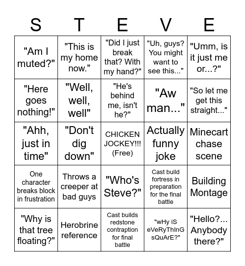 Minecraft Movie Bingo Card