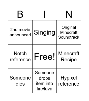 A Minecraft Movie Bingo Card