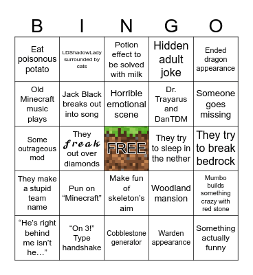 Minecraft Movie Bingo Card