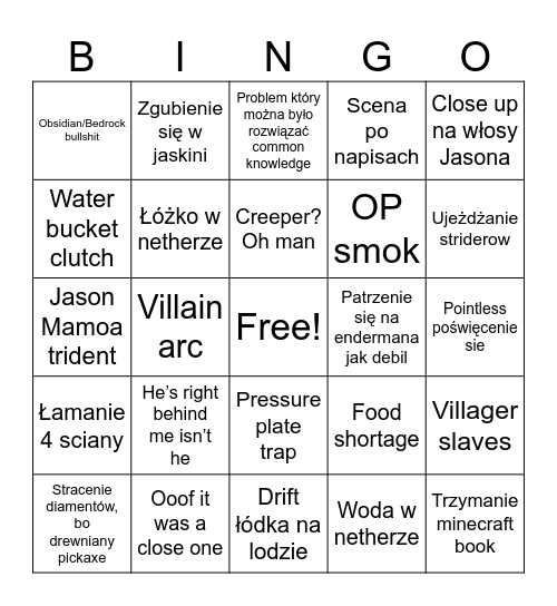 Minecraft Movie Night Bingo Card