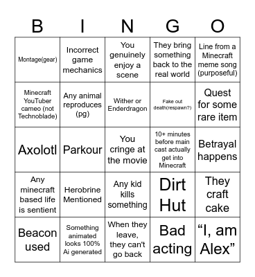 Minecraft Movie Bingo Card