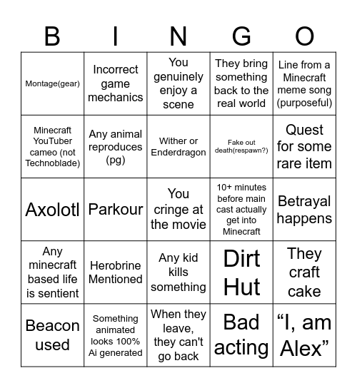 Minecraft Movie Bingo Card