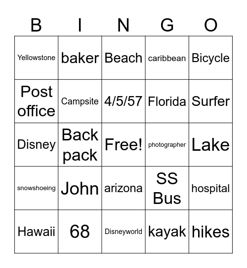 Johns birthday Bingo Card