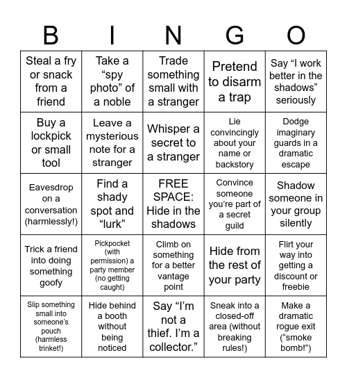Sherwood Forest Bingo! Rogue Edition Bingo Card