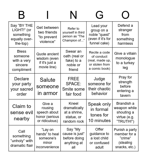 Sherwood Forest Bingo! Paladin Edition Bingo Card