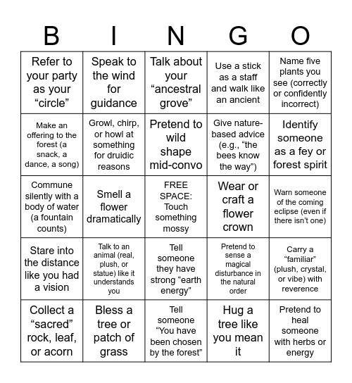 Sherwood Forest Bingo! Druid Edition Bingo Card