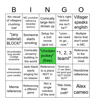 Minecraft Movie Bingo Card