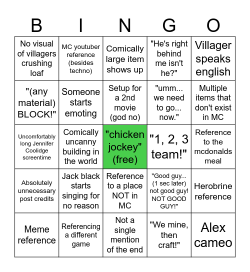 Minecraft Movie Bingo Card